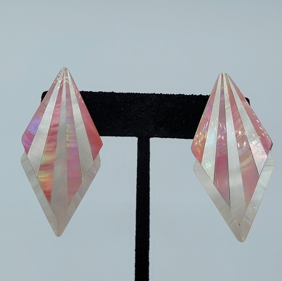 Vintage Pink White Seashell Diamond Shape Geometric Earrings #1218 - Picture 4 of 14